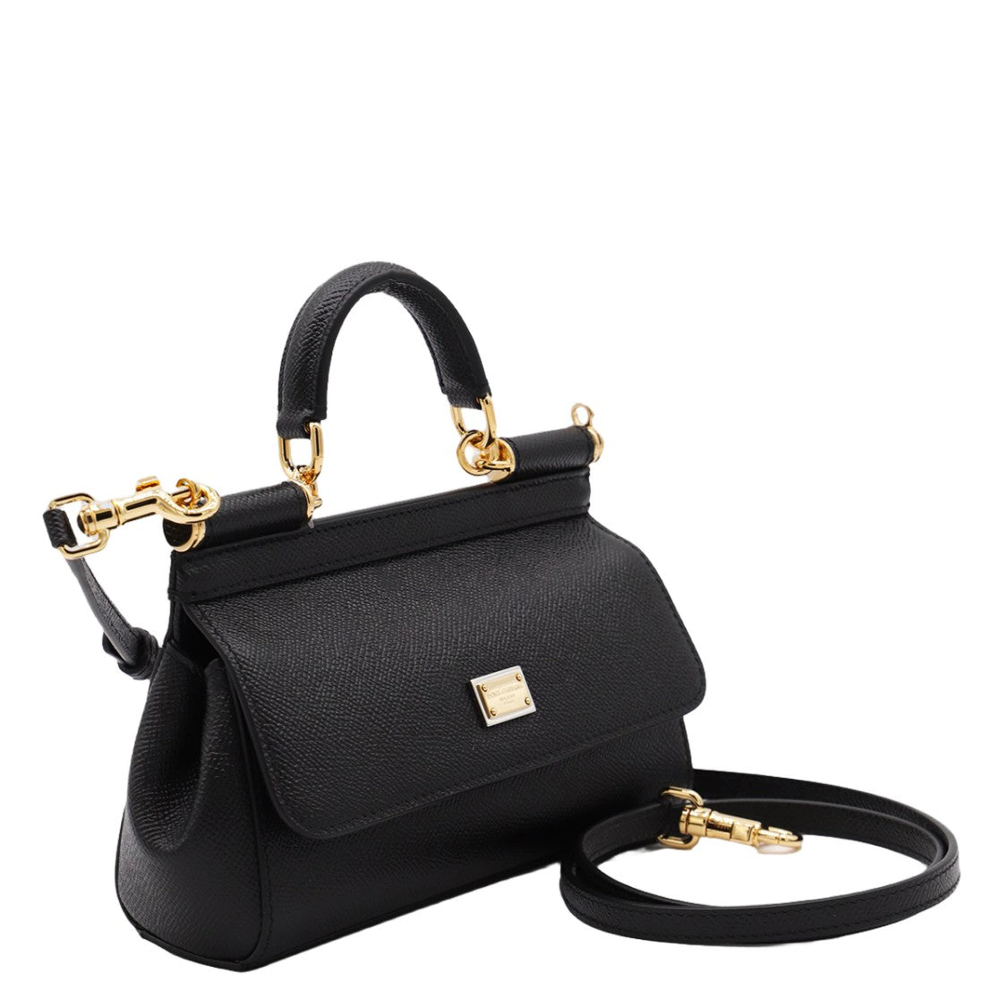 Dolce & Gabbana Textured Black Handbag With Gold-Tone Plaque