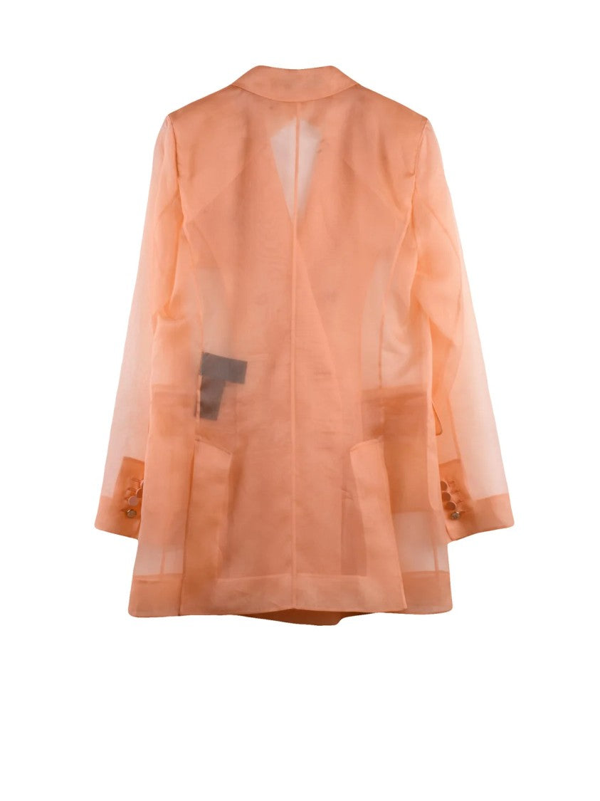 Max Mara Pink Esopo Tulle Detail Double-Breasted Silk Blazer