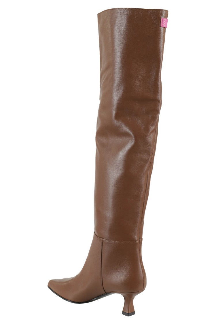 3Juin Knee-Length Brown Leather Boots With Pointed Toe