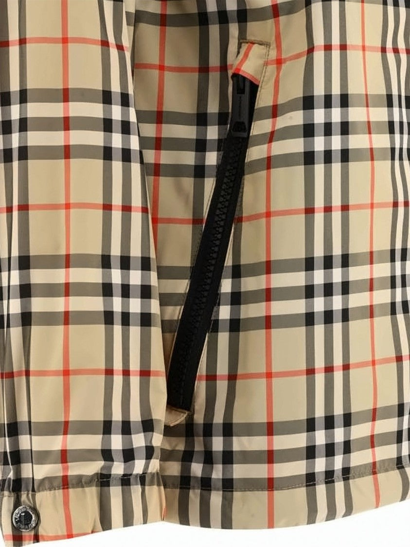 Burberry Check Pattern Hooded Jacket With Front Zipper Closure