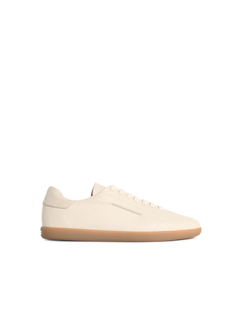 Zegna Beige Leather Sneakers With Embossed Details And Suede Heel