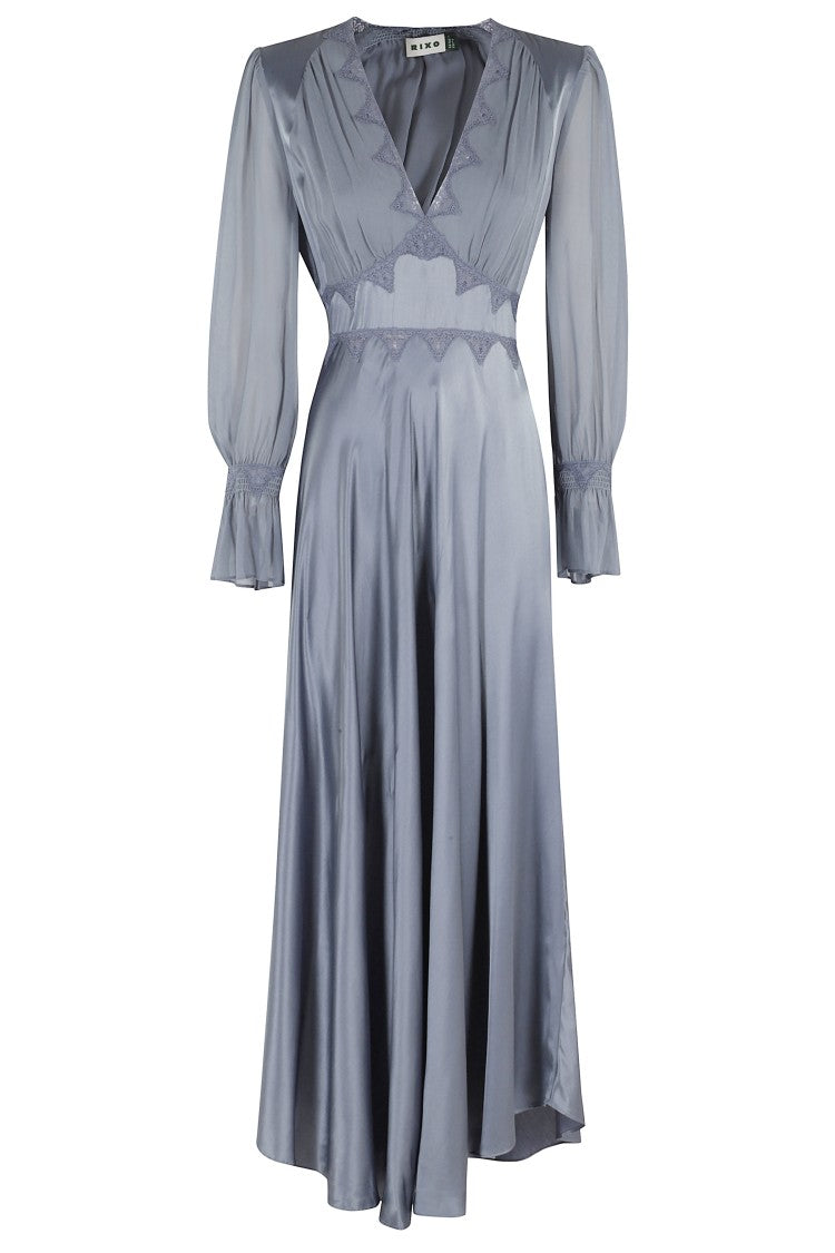 Rixo Arlena Blue Lace-Trim Flared Silk-Blend Maxi Dress