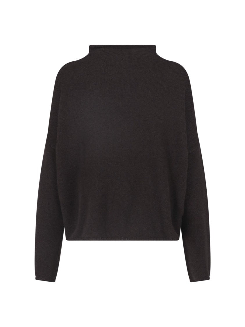 Lisa Yang Black Boxy High Round Neck Fine Knit Sweater