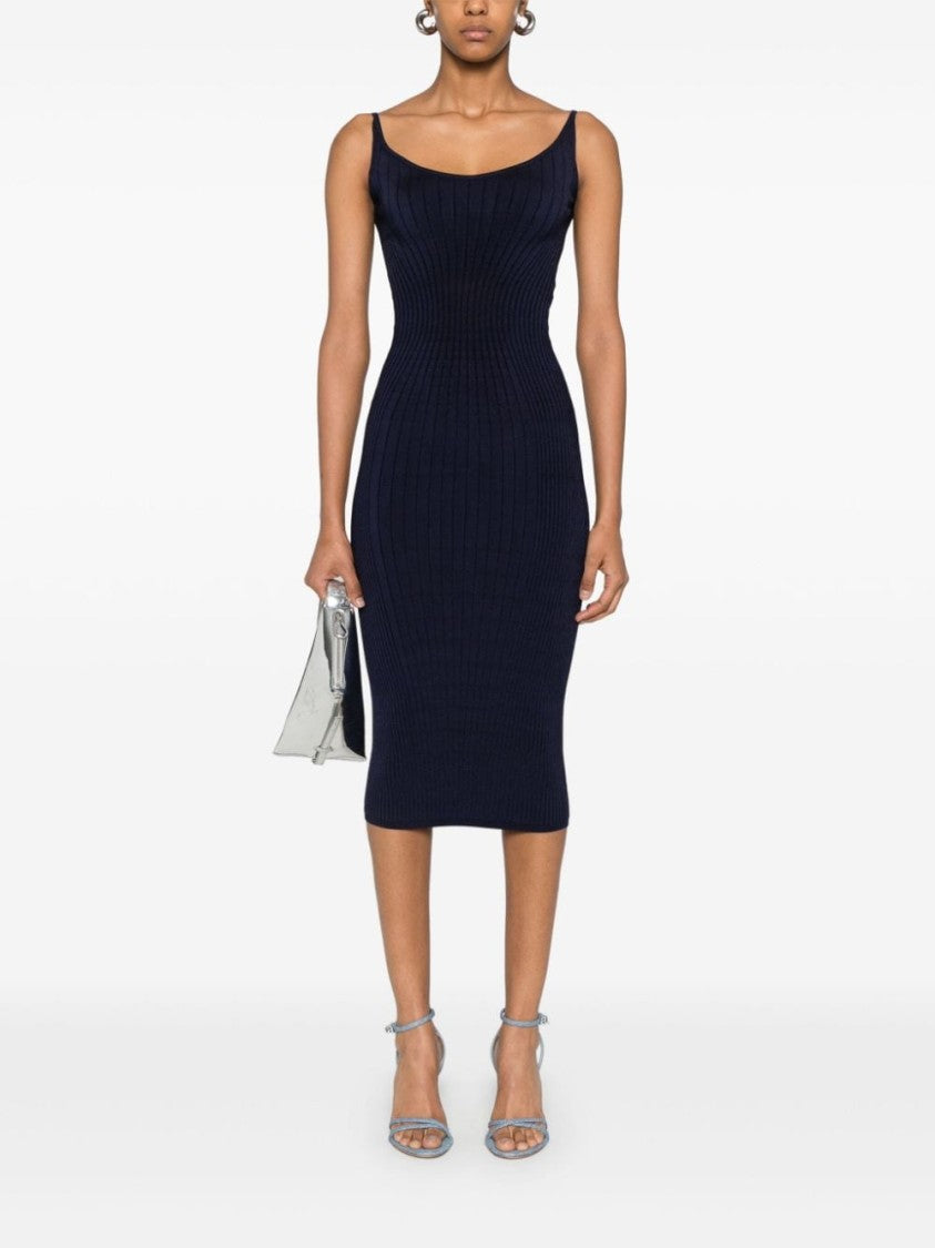 Mugler Midnight Blue Ribbed Knit Midi Dress