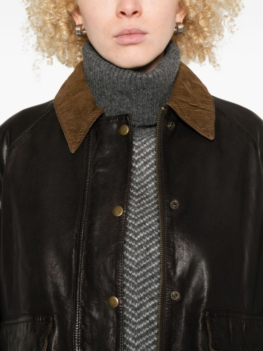 The Jack And Jackie Leathers Brown Leather Jacket With Textured Corduroy Collar