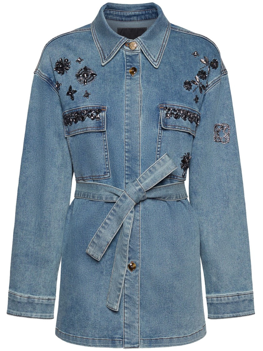 Elena Miro` Denim Overshirt Beaded Embellished Belted Jacket