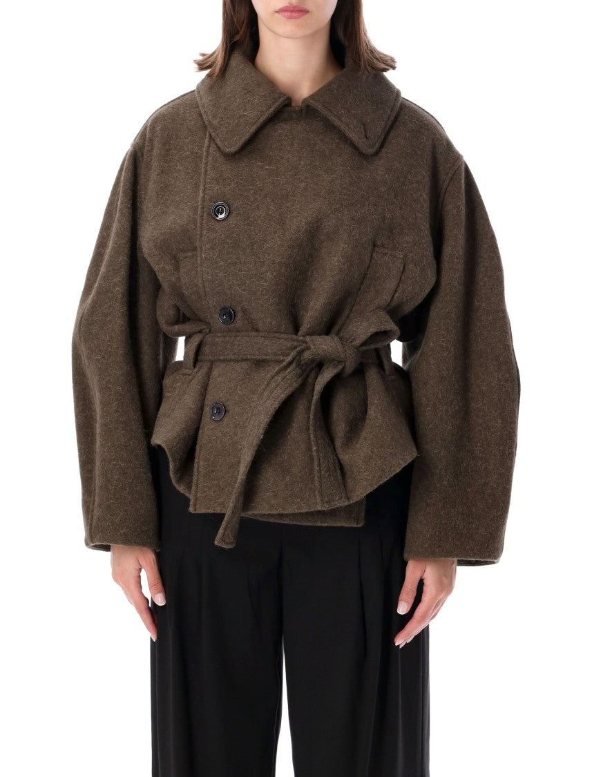 Lemaire Oversized Short Wrap Coat With Removable Belt And High Collar