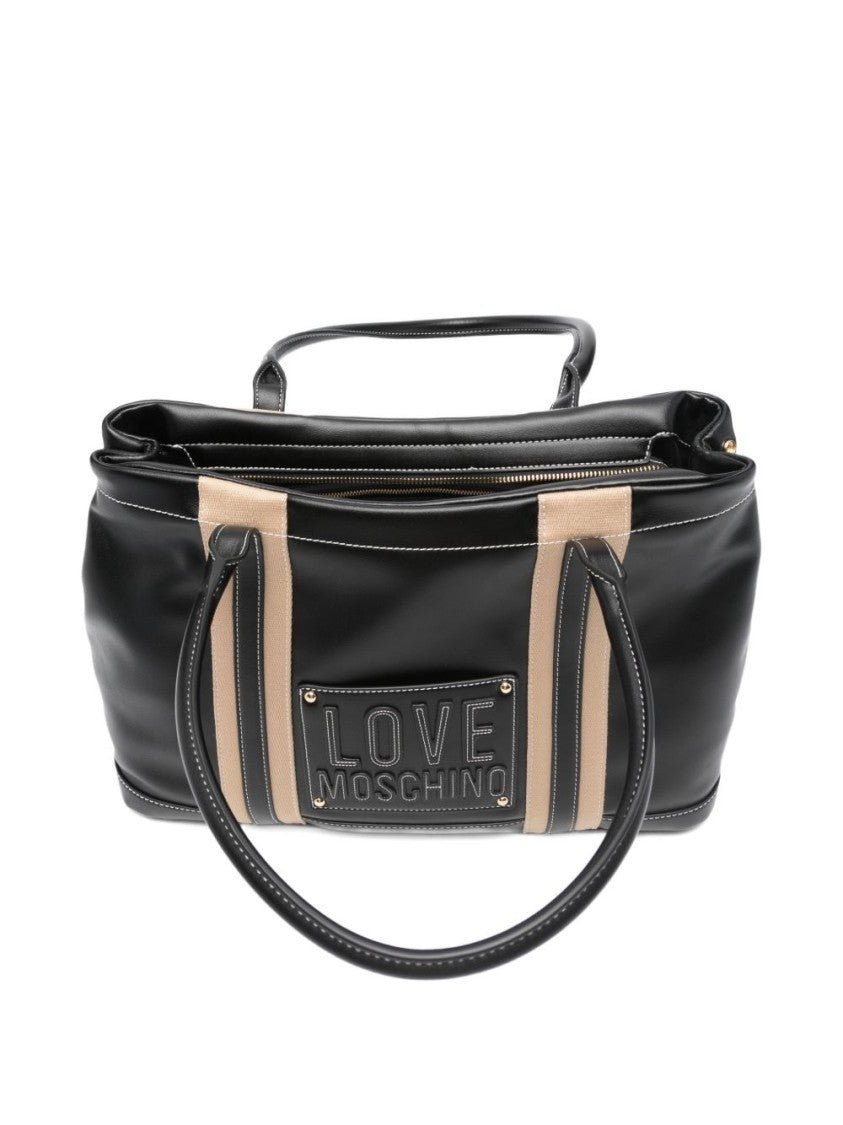 Love Moschino Sleek Black Tote Bag With Beige Stripes And Embossed Detail