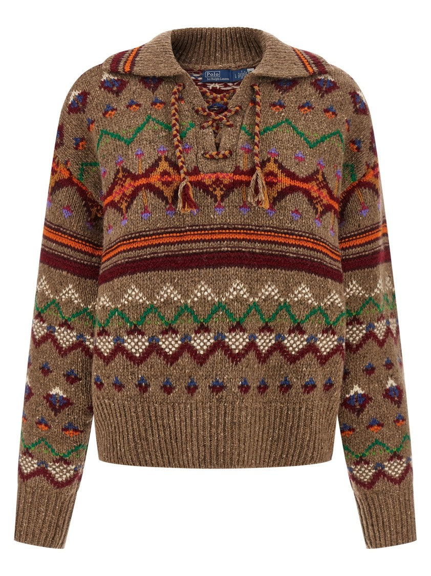 Polo Ralph Lauren Jacquard Patterned Wool Sweater With Lace-Up V-Neck