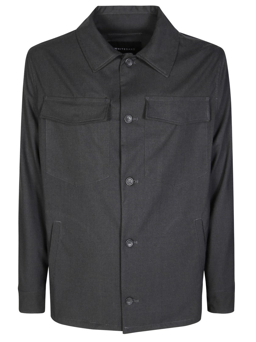 White Sand Shirt-Jacket Hybrid With Minimalist Design And Button-Up Front