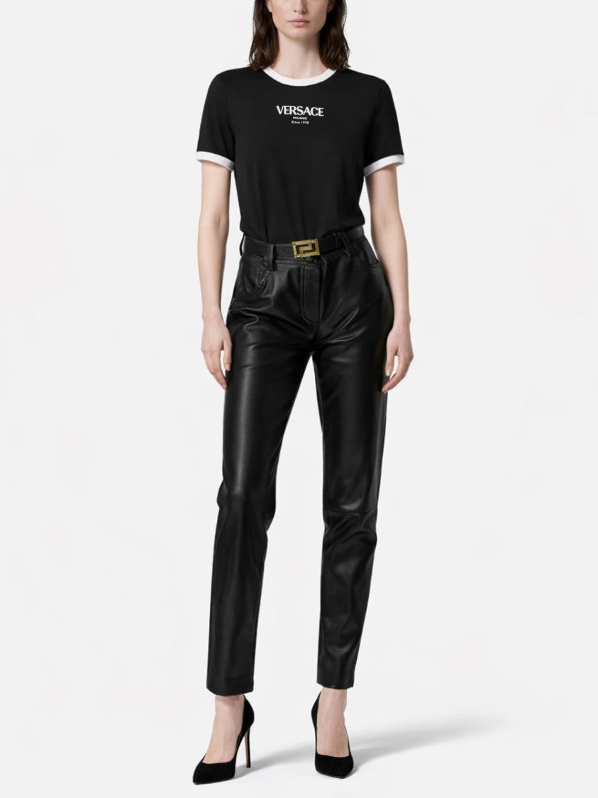Versace Black Cropped White Trim Viscose-Blend T-Shirt