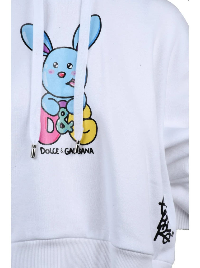 Dolce & Gabbana White Cartoon Graphic Cropped Oversized Sweatshirt