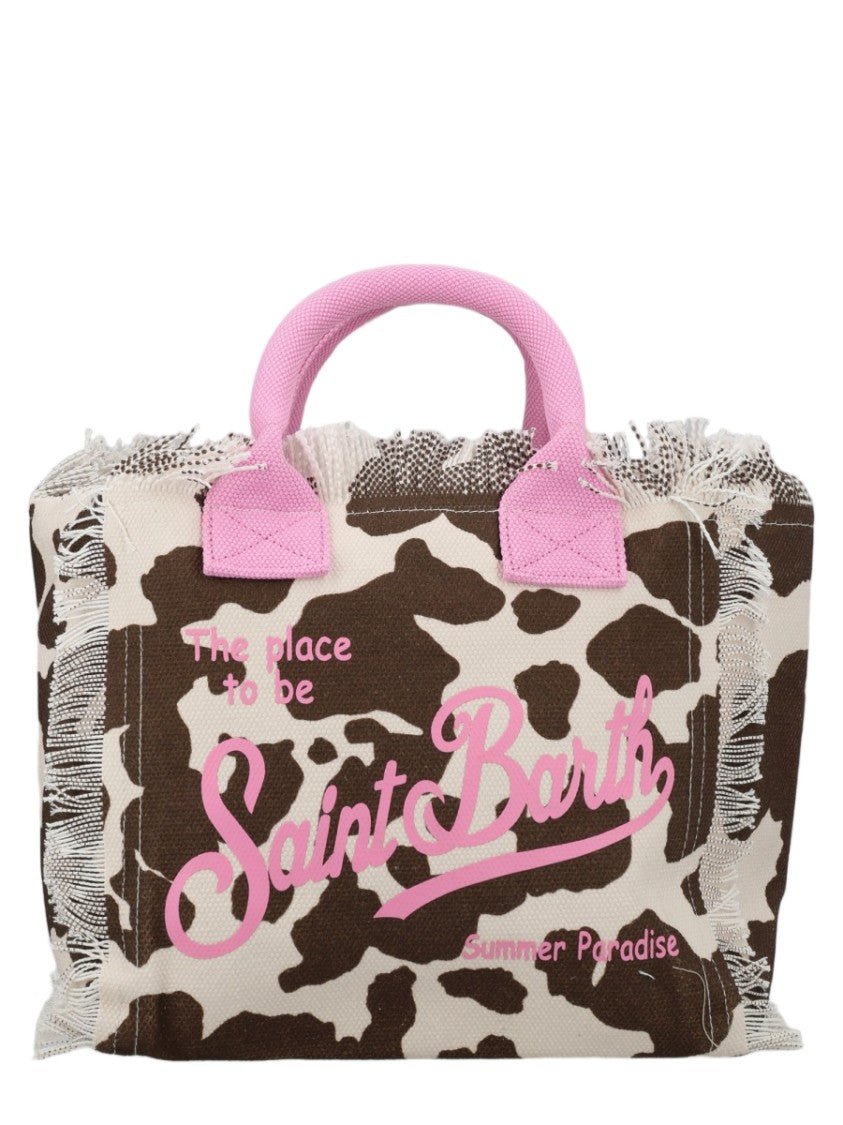 Mc2 Saint Barth Rectangular Cow Print Canvas Tote Bag With Frayed Edges