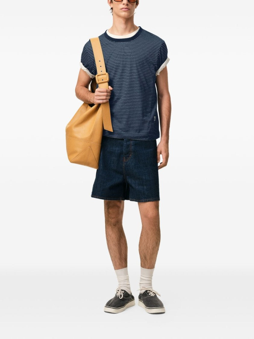 Ami Paris Ink Blue/White Striped Embroidered T-Shirt