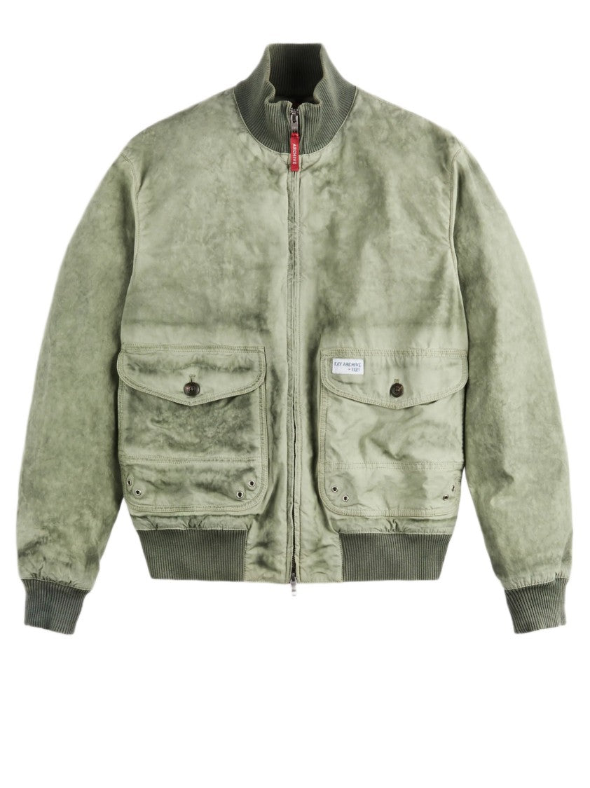 Fay Washed Green Cotton Canvas Bomber Jacket With Ribbed Knit Details