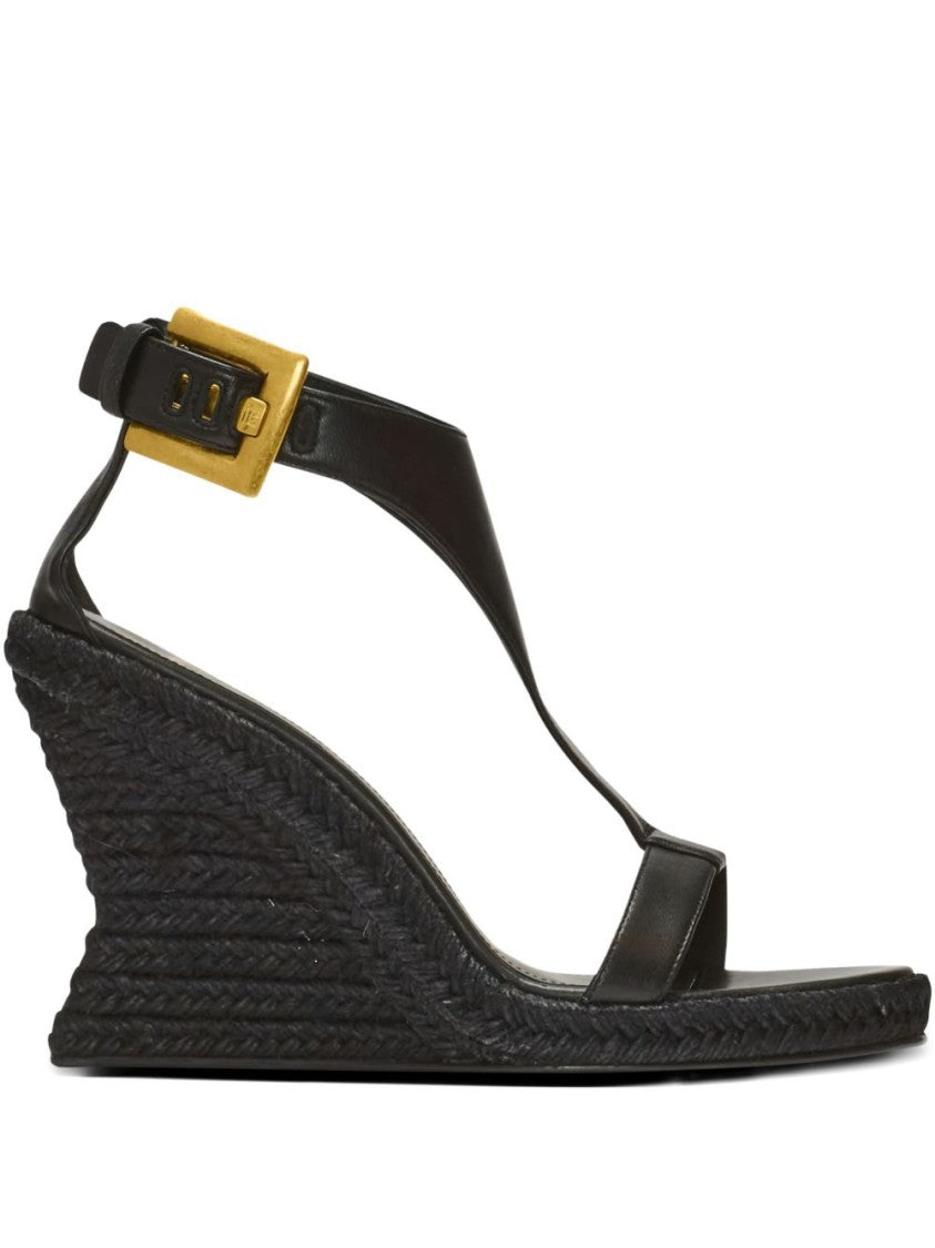 Balmain Black Textured Woven Wedge Sandals