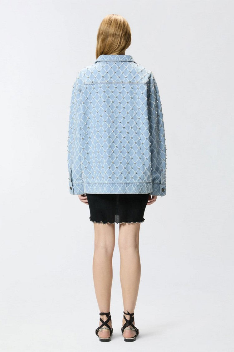 Pinko Light Blue Allover Crystal Studded Diamond Lattice Denim Jacket