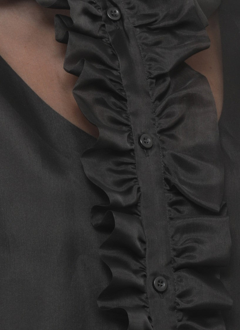 D. Exterior Black Sheer Silk Ruffled Jabot Shirt