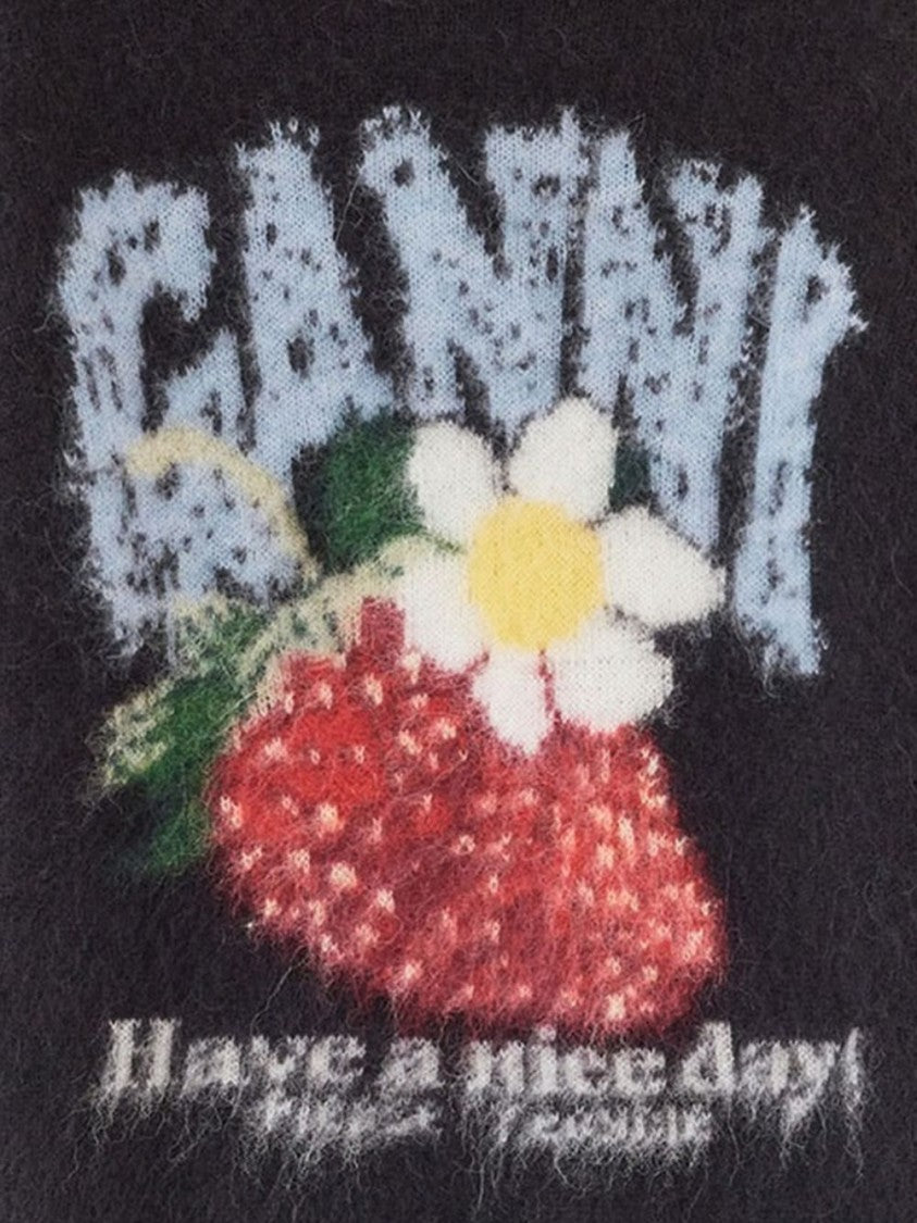 Ganni Black Strawberry Graphic Cropped Slogan T-Shirt