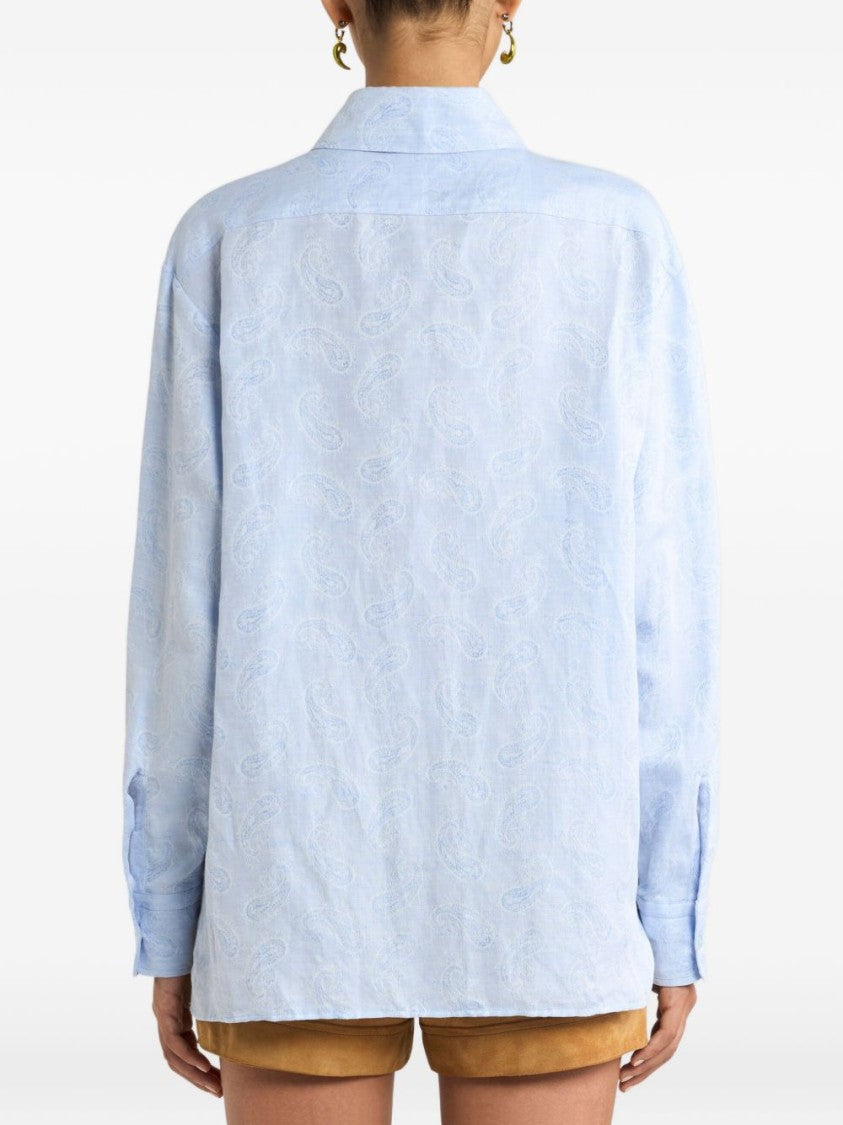Etro Light Blue Linen-Cotton Shirt With Iconic Paisley Print