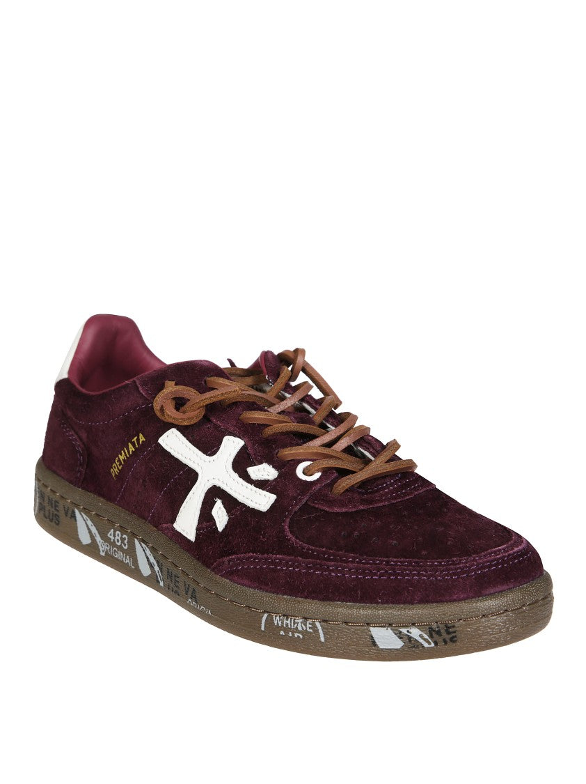 Premiata Burgundy Suede Sneakers With Graphic Text Accents