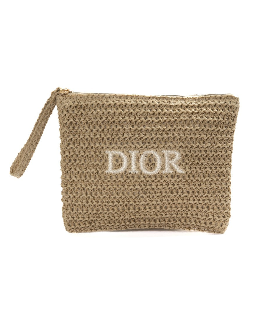 Dior Beige Woven Raffia Zip Clutch