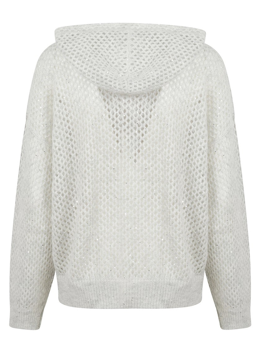Brunello Cucinelli Sequin-Embellished Mesh Knit Sweater With Classic Hood