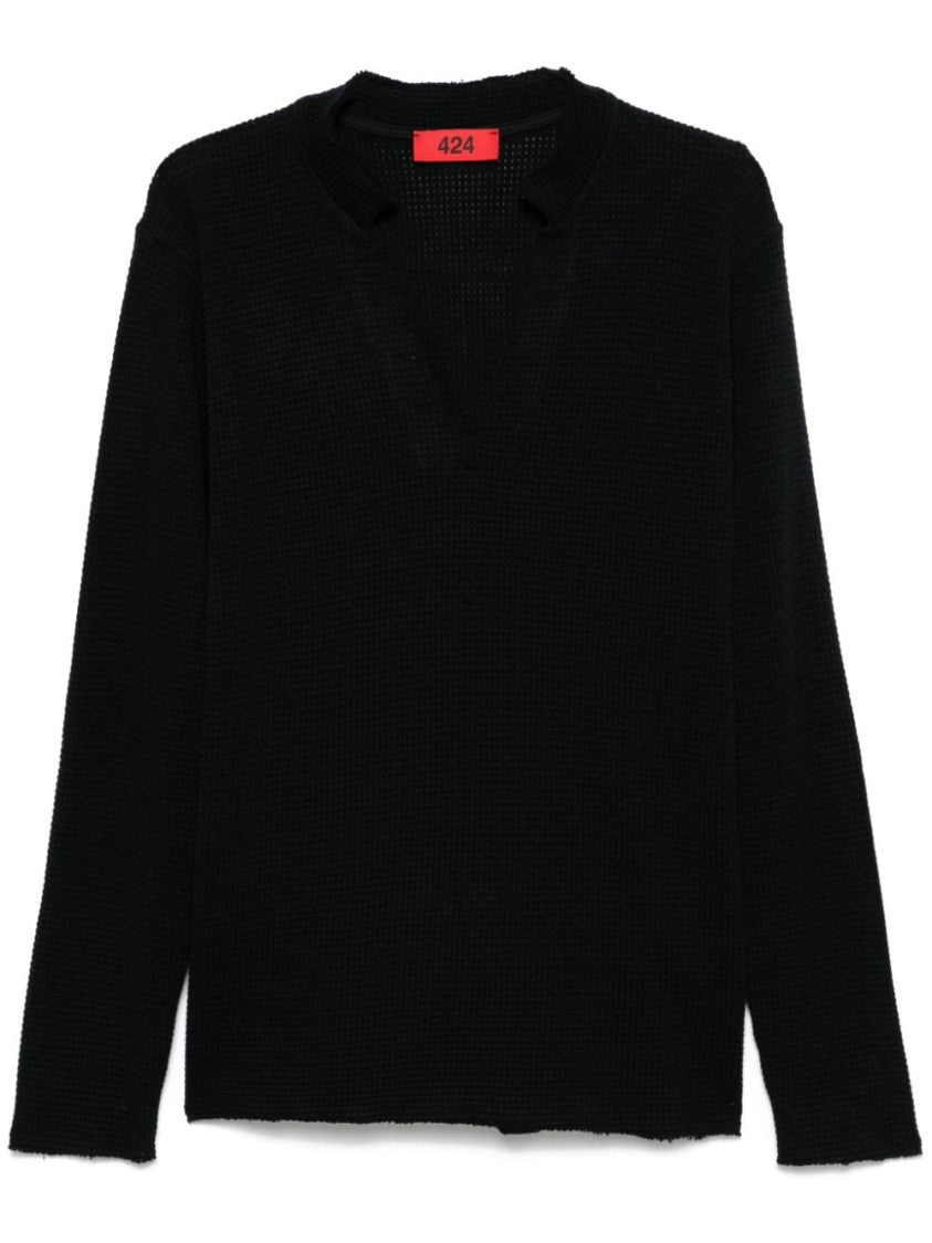 424 V-Neck Cotton T-Shirt With Raw-Cut Edges