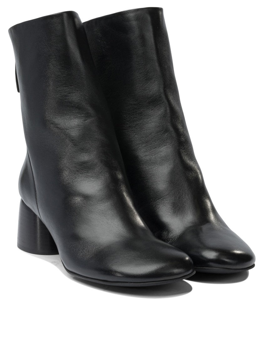 Halmanera Pointed Toe Black Calf Leather Ankle Boots With Cylindrical Block Heel