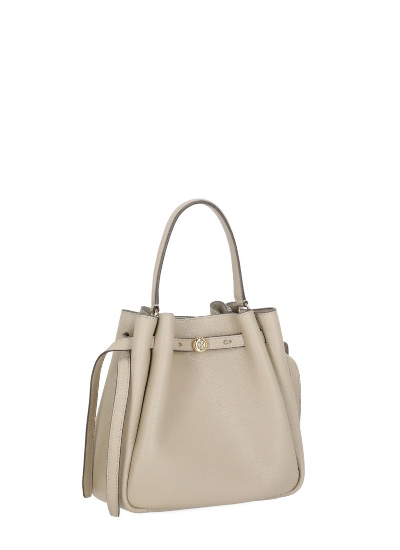 Tory Burch Beige Gold Logo Leather Bucket Bag