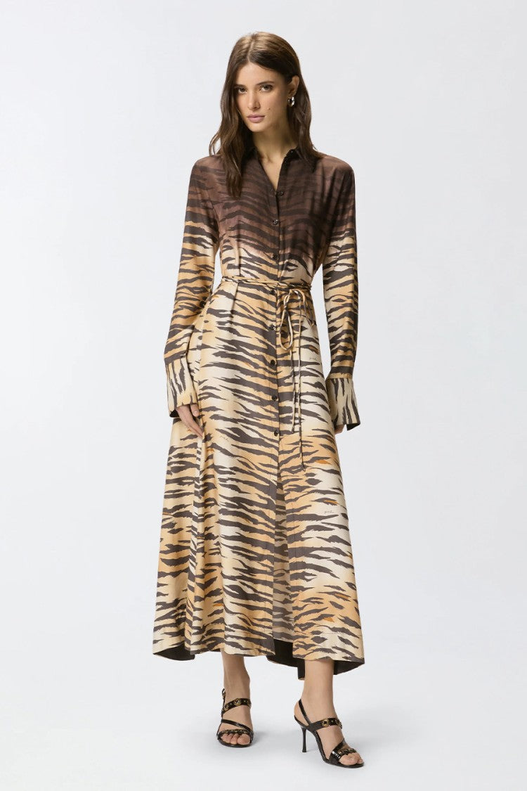 Pinko Brown Tiger-Stripe Print Self-Tie Belt Viscose Shirt
