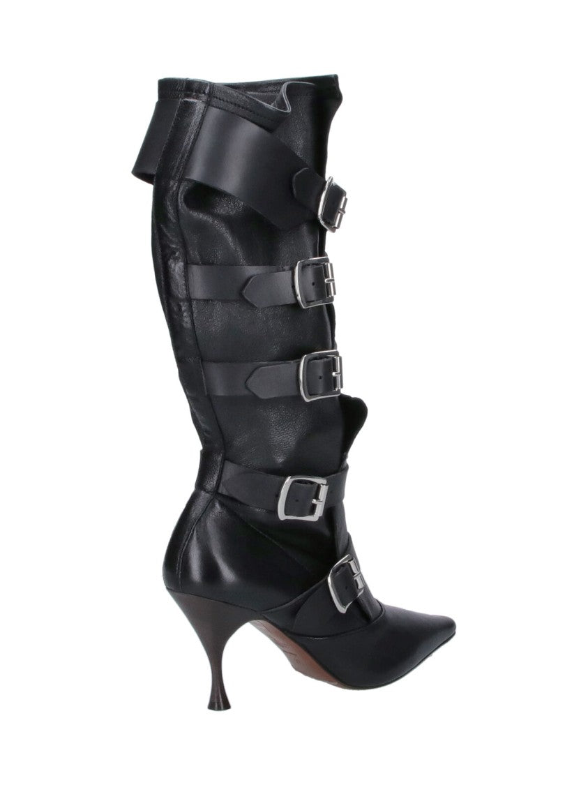 Vivienne Westwood Pointed-Toe Mid-Calf Boots With Silver Buckle Straps