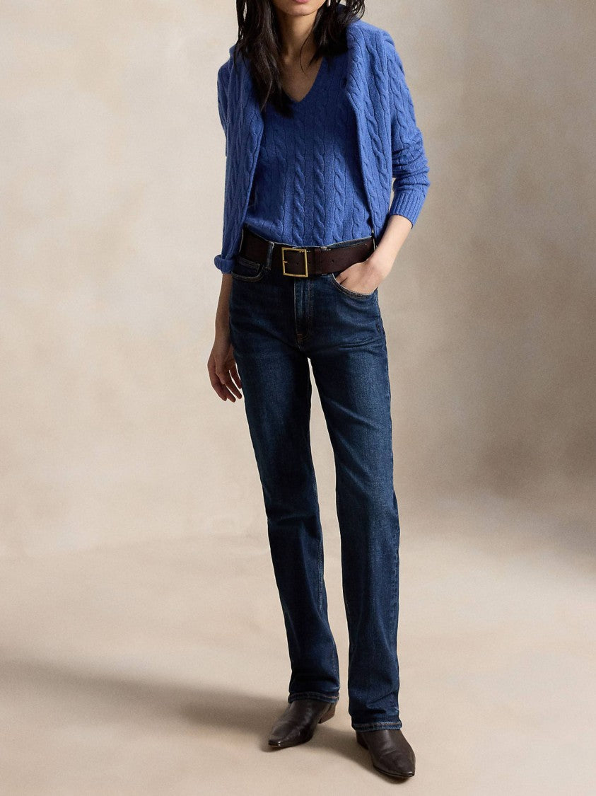 Polo Ralph Lauren Cable Knit Blue Pullover With V-Neckline And Ribbed Details