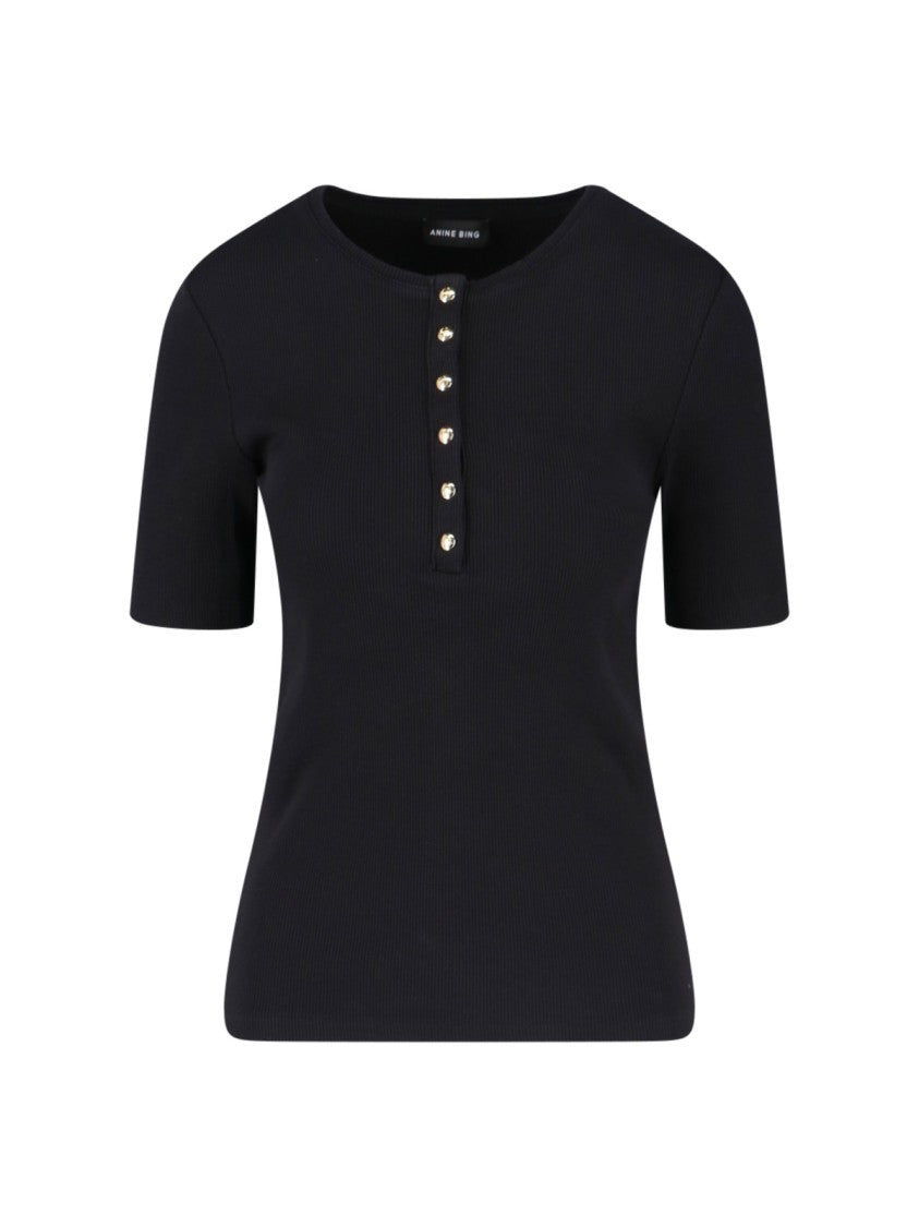 Anine Bing Ribbed Black Cotton Top With Button Placket