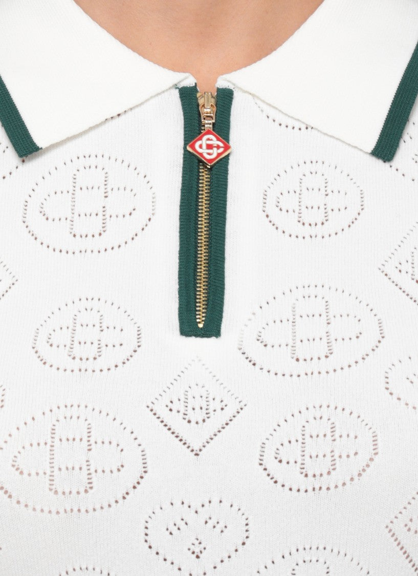 Casablanca White Green-Trimmed Zip Cotton Polo Shirt