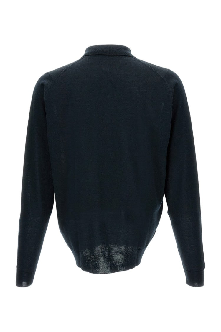 John Smedley Black Merino Wool Long-Sleeved Polo Shirt