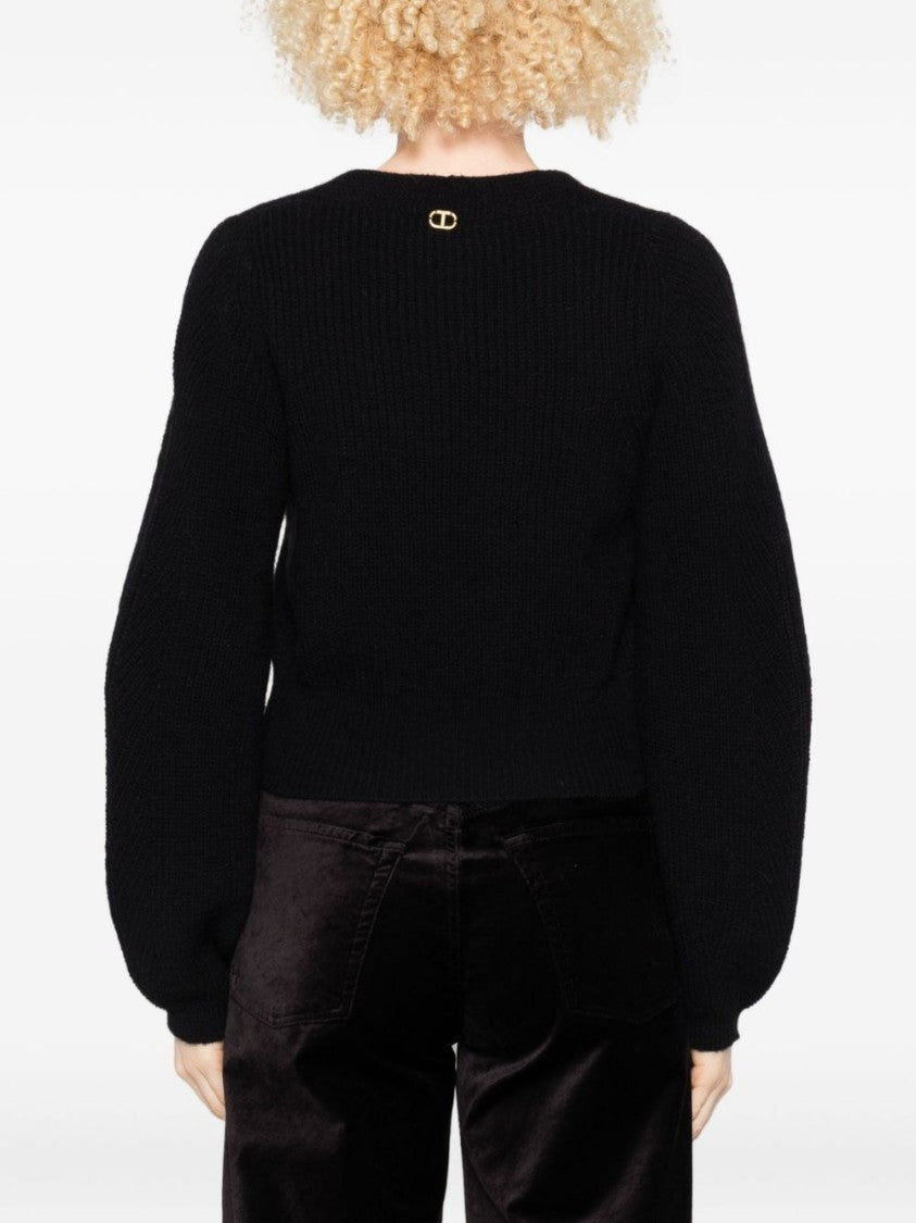 Twin-Set Cropped Black Sweater With Deep V-Neckline