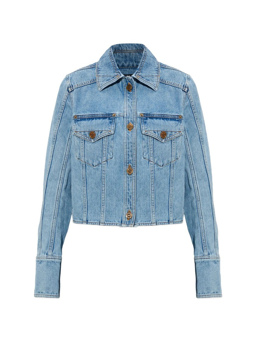 Balmain Cropped Light Blue Denim Jacket