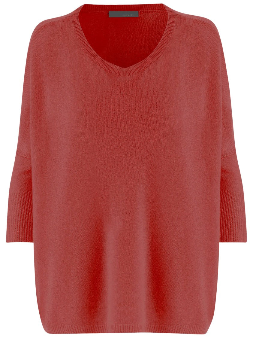 Allude Coral Red Cashmere Sweater With V-Neck