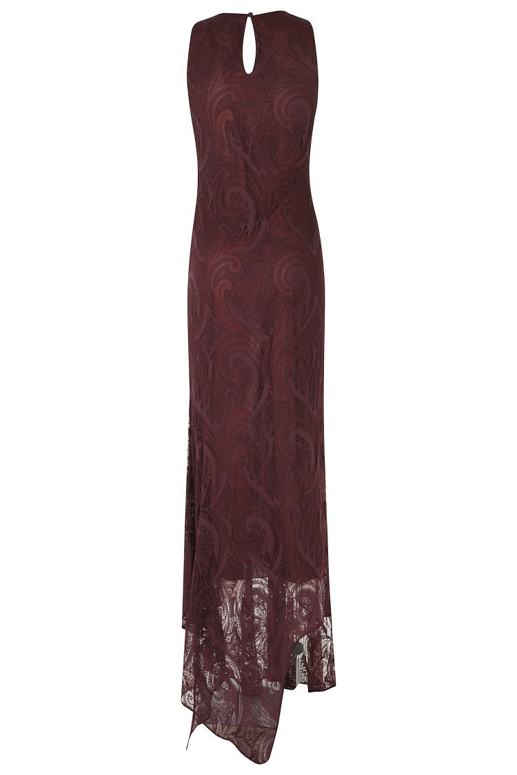Etro Wine Crew Neck Viscose-Blend Long Evening Dress
