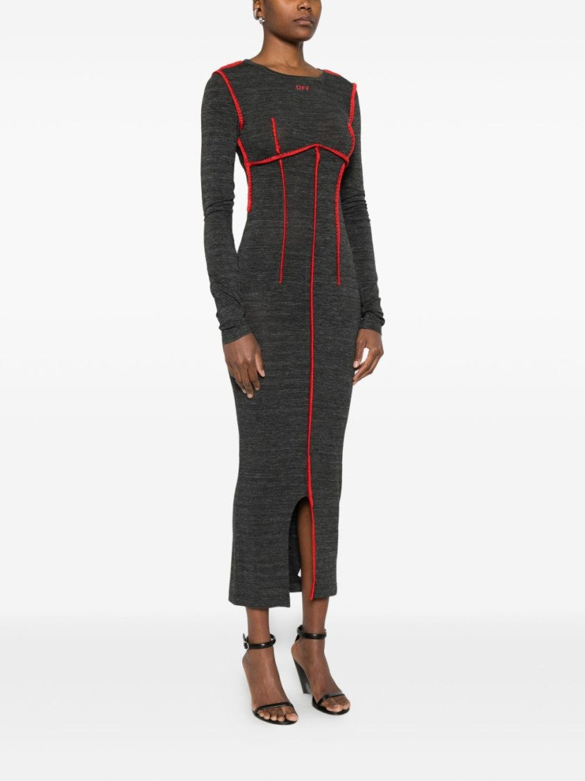 Off-White Fitted Midi Dress With Contrast Stitching