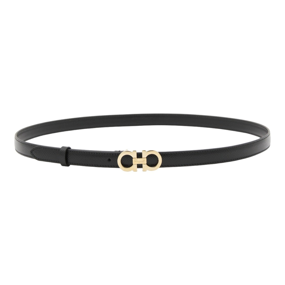 Ferragamo Slim Black Belt With Gold-Tone Double-Ring Buckle