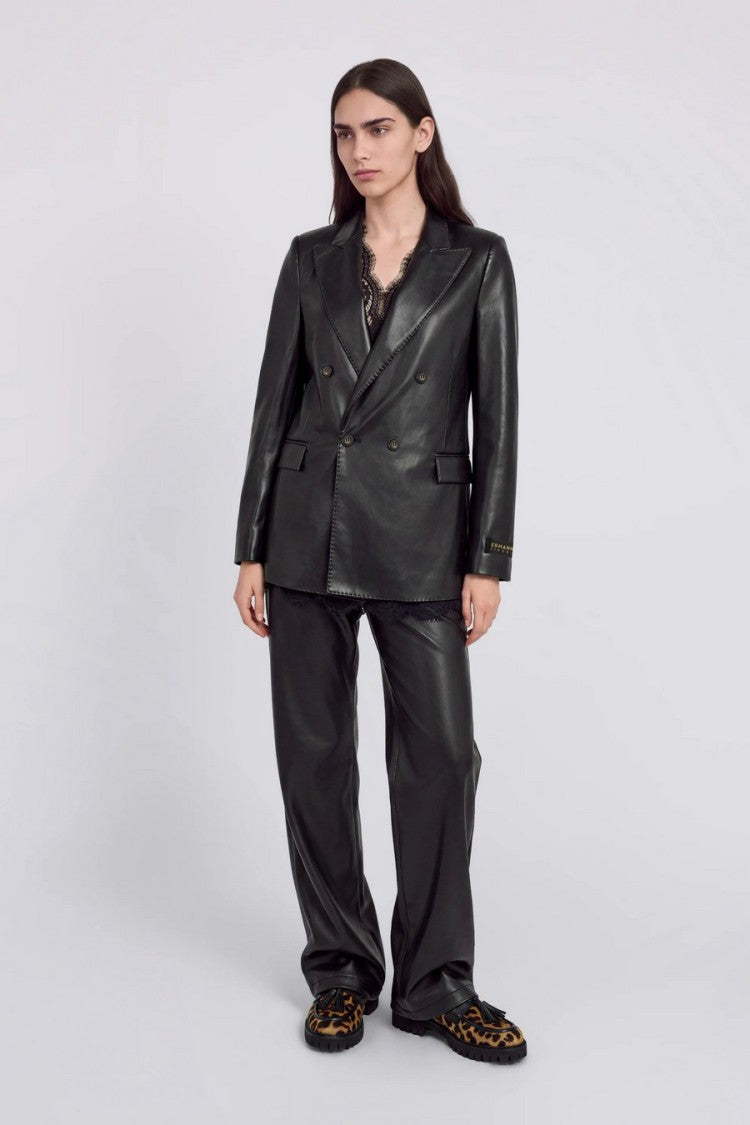 Ermanno Black Leather-Look Double-Breasted Polyurethane Blazer