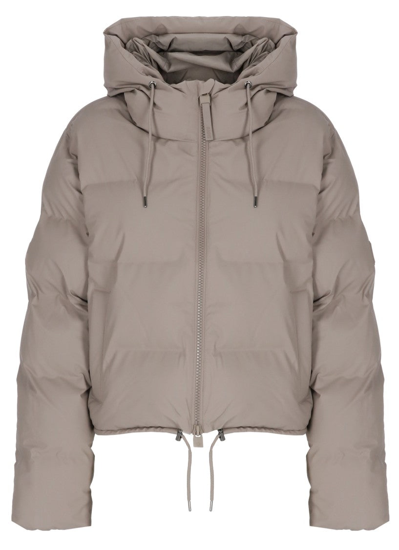 Rains Alta Puffer Greige Quilted Hooded Short Down Jacket