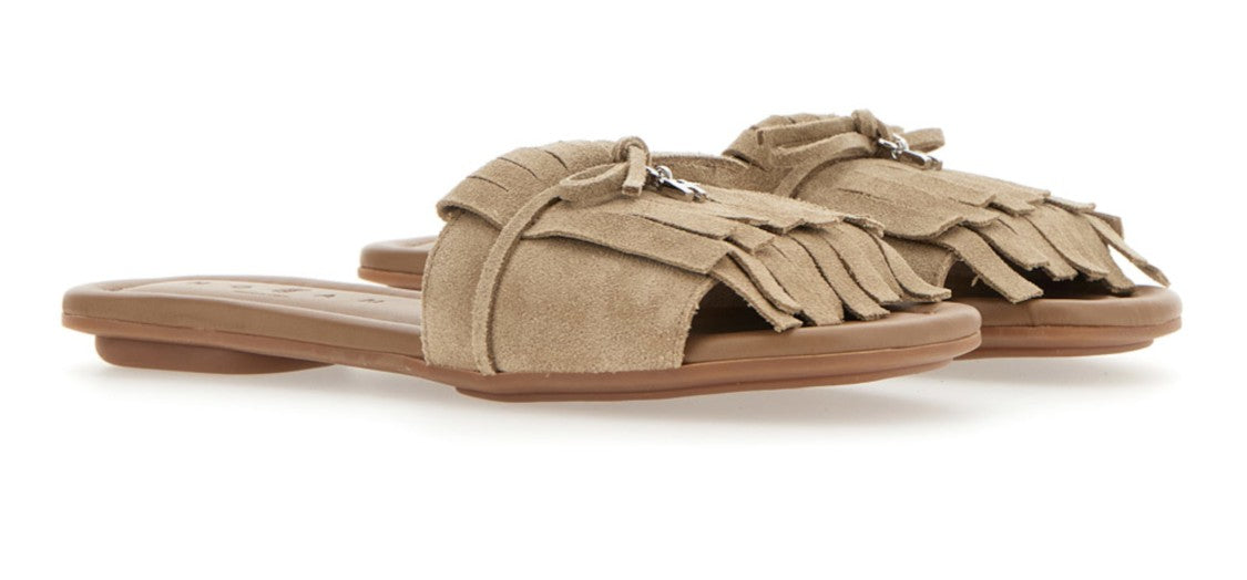 Hogan Beige Suede Slip-On Sandals With Fringe
