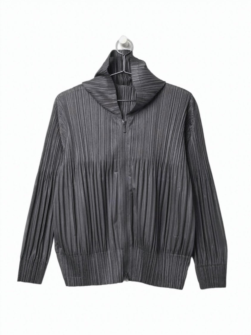 Pleats Please Pleated Boxy Jacket With Zipper Closure And Textured Design