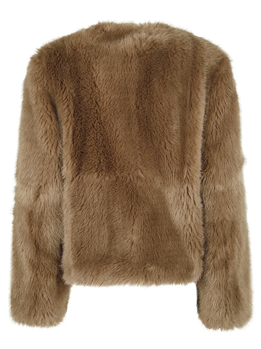Stand Studio Cropped Faux Fur Coat With Plush Texture And Boxy Silhouette