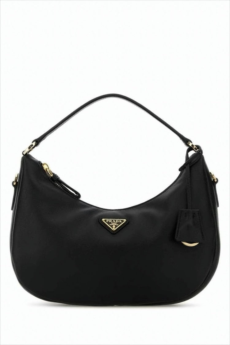 Prada Minimalist Crescent Black Shoulder Bag With Gold-Tone Accents