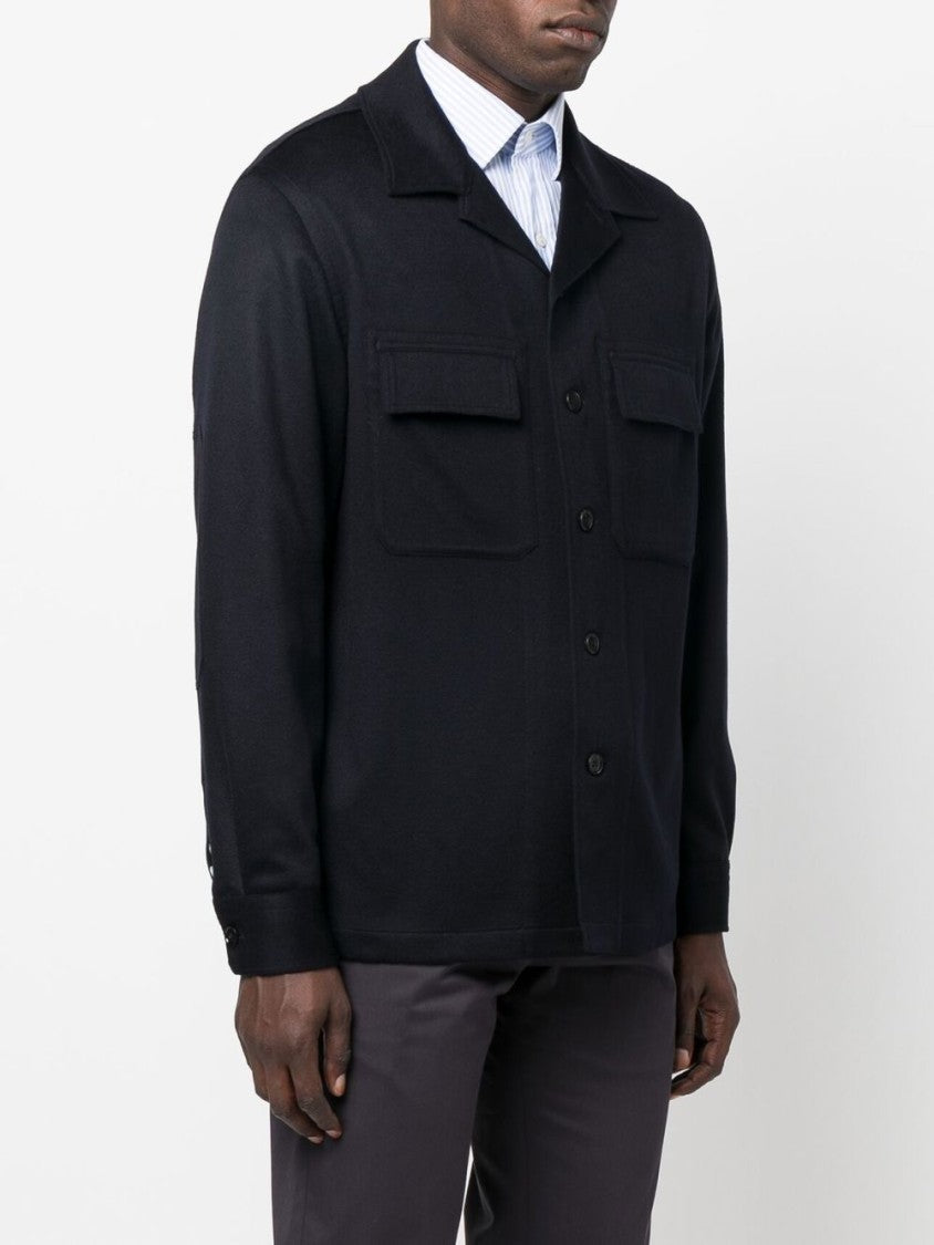 Zegna Navy Blue Cashmere Overshirt With Classic Collar And Flap Pockets