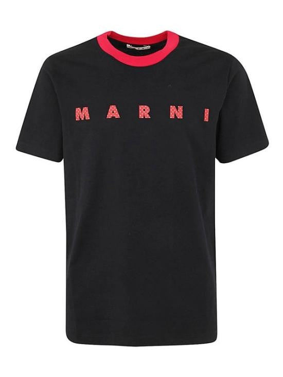 Marni Graphic Black T-Shirt With Contrasting Red Neckline